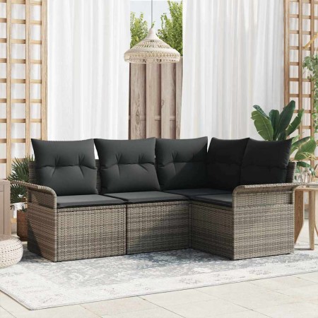 Conjunto de sofá de jardín con cojín 4 pcs Gris ratán sintético en Sofás de exterior | Comprar online en Foru.es