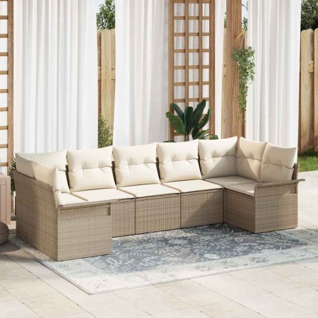 Conjunto de sofá de jardín con cojín 7 pcs Beige Poliratán en Sofás de exterior | Comprar online en Foru.es