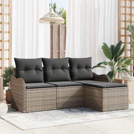 Conjunto de sofá de jardín con cojín 4 pcs Gris Poliratán en Sofás de exterior | Comprar online en Foru.es