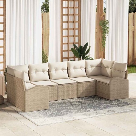 Conjunto de sofá de jardín 7 pcs Beige Rattan de Poliéster en Sofás de exterior | Comprar online en Foru.es