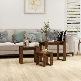 Mesas apilables 3 pzas madera contrachapada color roble marrón de vidaXL, Mesas auxiliares - Ref: Foro24-815224, Precio: 42,9...