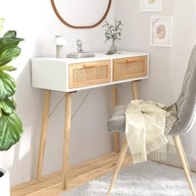 Solid pine wood console table white natural rattan 80x30x75cm by vidaXL, Side tables - Ref: Foro24-345624, Price: 100,58 €, D...