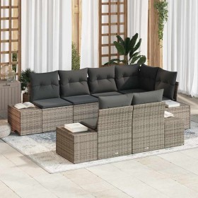 Conjunto de sofá de jardín con cojín 7 pcs Gris Poliratán en Sofás de exterior | Comprar online en Foru.es