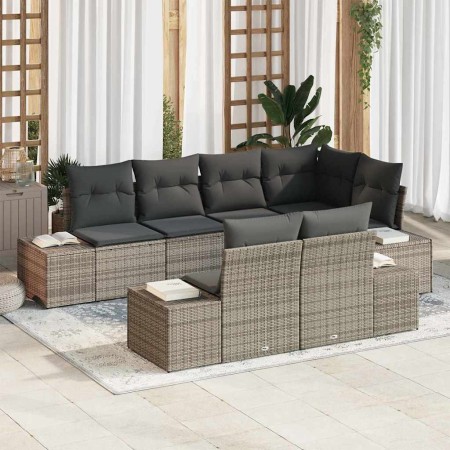 Conjunto de sofá de jardín con cojín 7 pcs Gris Poliratán en Sofás de exterior | Comprar online en Foru.es