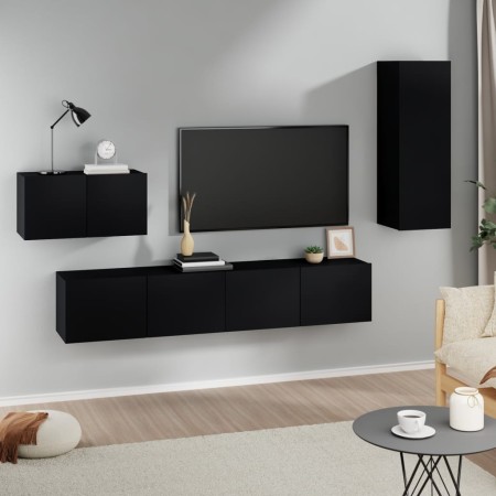 Set de muebles para TV 4 piezas madera contrachapada negro de vidaXL, Muebles TV - Ref: Foro24-3114335, Precio: 173,47 €, Des...