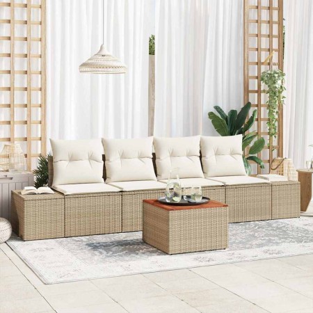 Conjunto de sofá de jardín con cojín 5 pcs Beige Poliratán en Sofás de exterior | Comprar online en Foru.es