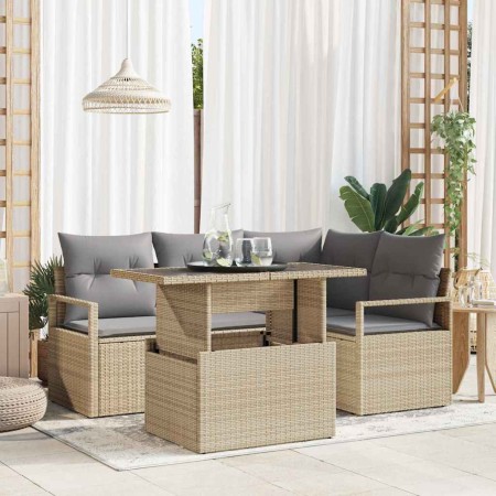Conjunto de sofá de jardín con cojín 5 pcs beige y gris claro en Sofás de exterior | Comprar online en Foru.es