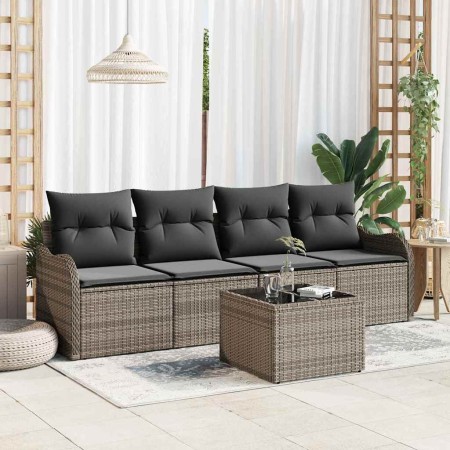 Conjunto de sofá de jardín 5 pcs Gris Poliratán, Acero y Vidrio en Sofás de exterior | Comprar online en Foru.es