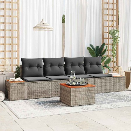 Conjunto de sofá de jardín con cojín 5 pcs Gris Poliratán en Sofás de exterior | Comprar online en Foru.es