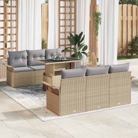 Conjunto de sofá de jardín 7 pcs Beige Rattan de Poliéster en Sofás de exterior | Comprar online en Foru.es