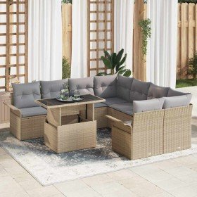 Conjunto de sofá de jardín 9 pcs Beige Rattan de Poliéster en Sofás de exterior | Comprar online en Foru.es