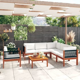 Conjunto de jardín de 7 piezas con cojines, madera color crema, acacia y cuerda en Conjuntos de jardín | Comprar online en Foru.