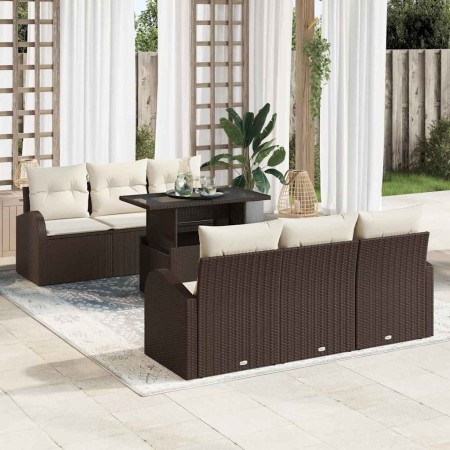Conjunto de sofá de jardín 7 pcs Marrón Rattan de Poliéster en Sofás de exterior | Comprar online en Foru.es