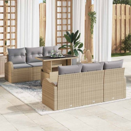 Conjunto de sofá de jardín 7 pcs Beige Rattan de Poliéster en Sofás de exterior | Comprar online en Foru.es