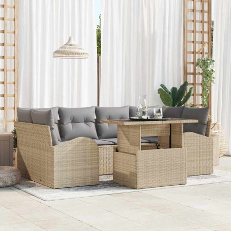 Conjunto de sofá de jardín 7 pcs Beige Rattan de Poliéster en Sofás de exterior | Comprar online en Foru.es