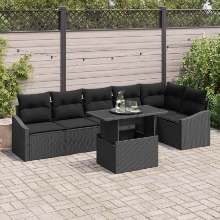 Conjunto de sofá de jardín con cojín con almohada 7 pcs Negro en Sofás de exterior | Comprar online en Foru.es