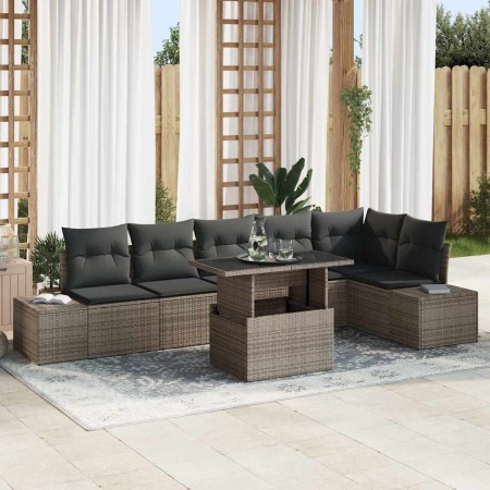Conjunto de sofá de jardín con cojín 7 pcs Gris ratán sintético en Sofás de exterior | Comprar online en Foru.es