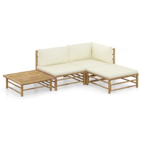 Set de muebles de jardín 4 piezas bambú y cojines blanco crema en Conjuntos de jardín | Comprar online en Foru.es