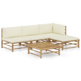 Set de muebles de jardín 5 piezas bambú y cojines blanco crema en Conjuntos de jardín | Comprar online en Foru.es