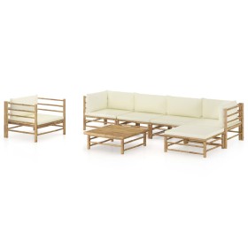 Set de muebles de jardín 7 piezas bambú y cojines blanco crema en Conjuntos de jardín | Comprar online en Foru.es