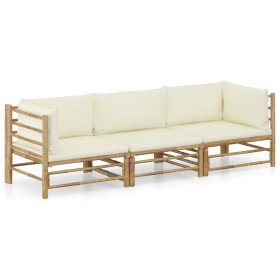 Set de muebles de jardín 3 piezas bambú y cojines blanco crema en Conjuntos de jardín | Comprar online en Foru.es
