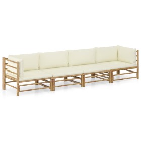 Set de muebles de jardín 4 piezas bambú y cojines blanco crema en Conjuntos de jardín | Comprar online en Foru.es