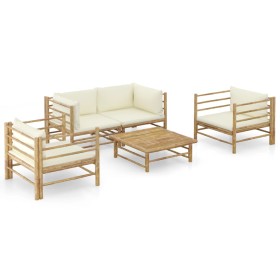 Set de muebles de jardín 5 piezas bambú y cojines blanco crema en Conjuntos de jardín | Comprar online en Foru.es