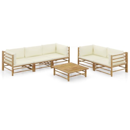 Set de muebles de jardín 6 piezas bambú y cojines blanco crema en Conjuntos de jardín | Comprar online en Foru.es