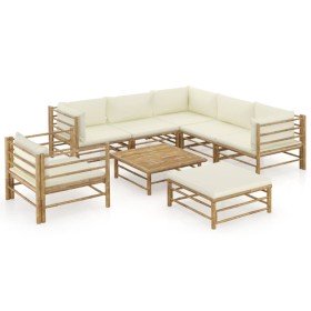 Set de muebles de jardín 8 piezas bambú y cojines blanco crema en Conjuntos de jardín | Comprar online en Foru.es