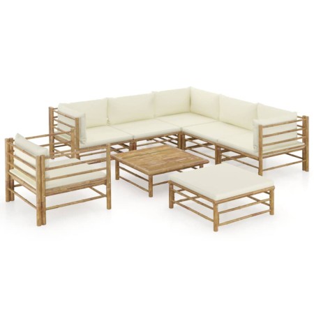 Set de muebles de jardín 8 piezas bambú y cojines blanco crema en Conjuntos de jardín | Comprar online en Foru.es