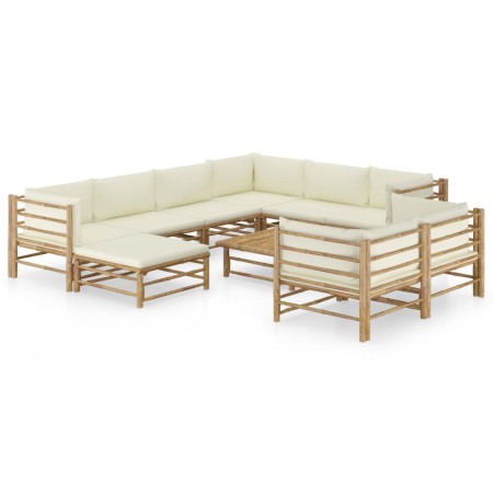 Set de muebles de jardín 10 piezas bambú y cojines blanco crema en Conjuntos de jardín | Comprar online en Foru.es