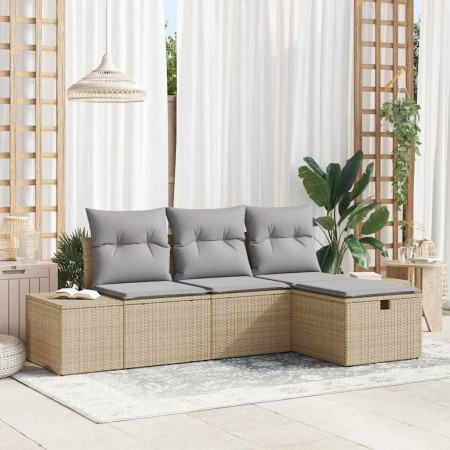 Conjunto de sofá de jardín con cojín 4 pcs Beige Poliratán en Sofás de exterior | Comprar online en Foru.es
