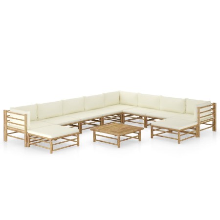 Set de muebles de jardín 11 piezas bambú y cojines blanco crema en Conjuntos de jardín | Comprar online en Foru.es