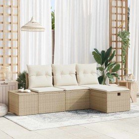 Conjunto de sofá de jardín con cojín 4 pcs Beige Poliratán en Sofás de exterior | Comprar online en Foru.es