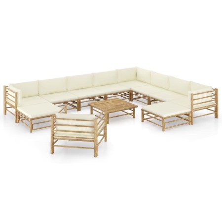 Set de muebles de jardín 12 piezas bambú y cojines blanco crema en Conjuntos de jardín | Comprar online en Foru.es