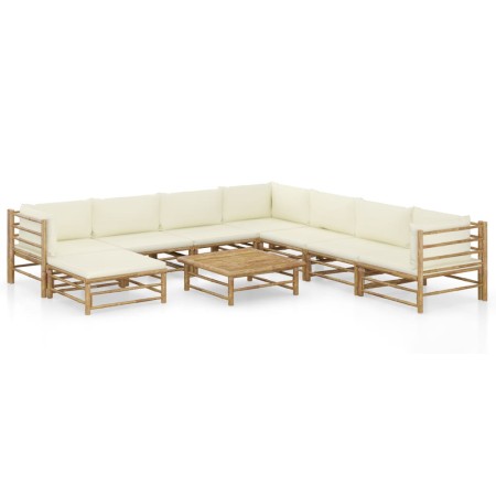 Set de muebles de jardín 9 piezas bambú y cojines blanco crema en Conjuntos de jardín | Comprar online en Foru.es