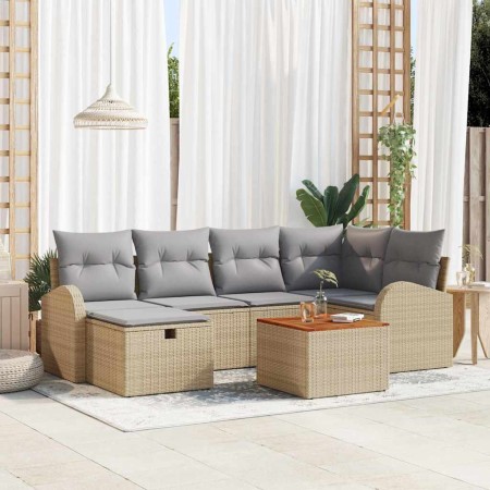 Conjunto de sofá de jardín con cojín 7 pcs Beige Poliratán en Sofás de exterior | Comprar online en Foru.es
