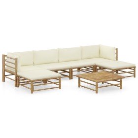 Set de muebles de jardín 7 piezas bambú y cojines blanco crema en Conjuntos de jardín | Comprar online en Foru.es