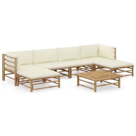 Set de muebles de jardín 7 piezas bambú y cojines blanco crema en Conjuntos de jardín | Comprar online en Foru.es