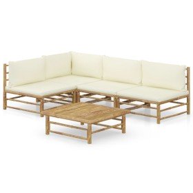 Set de muebles de jardín 5 piezas bambú y cojines blanco crema en Conjuntos de jardín | Comprar online en Foru.es