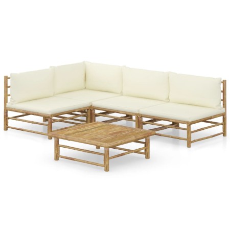 Set de muebles de jardín 5 piezas bambú y cojines blanco crema en Conjuntos de jardín | Comprar online en Foru.es