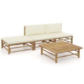 Set de muebles de jardín 4 piezas bambú y cojines blanco crema en Conjuntos de jardín | Comprar online en Foru.es
