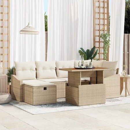 Conjunto de sofá de jardín con cojín 7 pcs Beige Poliratán en Sofás de exterior | Comprar online en Foru.es