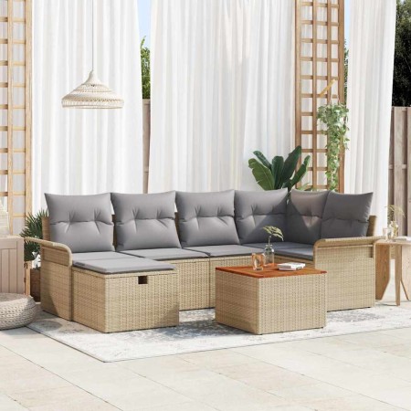 Conjunto de sofá de jardín con cojín 7 pcs Beige Poliratán en Sofás de exterior | Comprar online en Foru.es