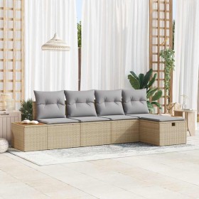 Conjunto de sofá de jardín con almohada 5 pcs Beige Poliratán en Sofás de exterior | Comprar online en Foru.es