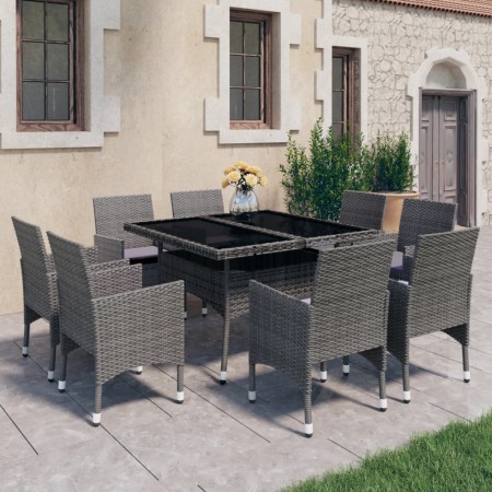 Set de comedor de jardín 9 piezas ratán PE y vidrio gris en Conjuntos de jardín | Comprar online en Foru.es
