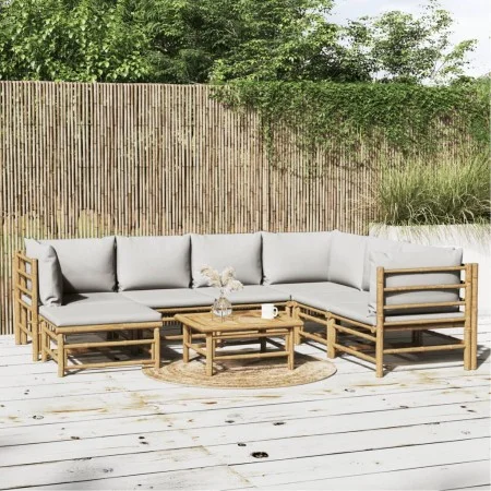 Set de muebles de jardín 8 piezas bambú y cojines gris claro de vidaXL, Conjuntos de jardín - Ref: Foro24-3155095, Precio: 78...