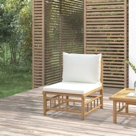 Sofá central de jardín bambú con cojines blanco crema de vidaXL, Sofás modulares de exterior - Ref: Foro24-362301, Precio: 11...