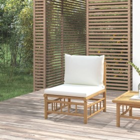 Sofá central de jardín bambú con cojines blanco crema de vidaXL, Sofás modulares de exterior - Ref: Foro24-362301, Precio: 12...