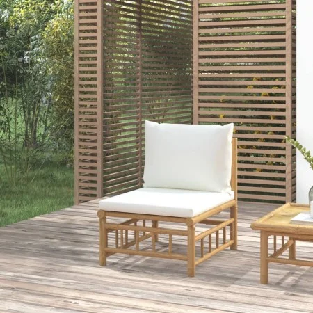 Sofá central de jardín bambú con cojines blanco crema de vidaXL, Sofás modulares de exterior - Ref: Foro24-362301, Precio: 11...